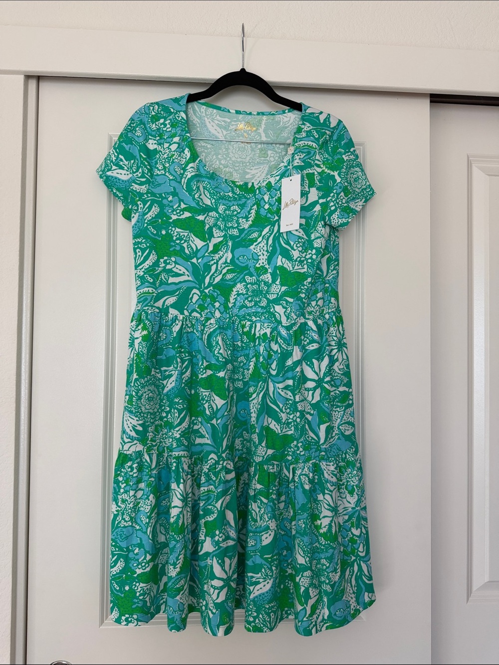 Lilly Pulitzer Floral Tiered Short Sleeve Dress in Teal Green & White NWT NEW